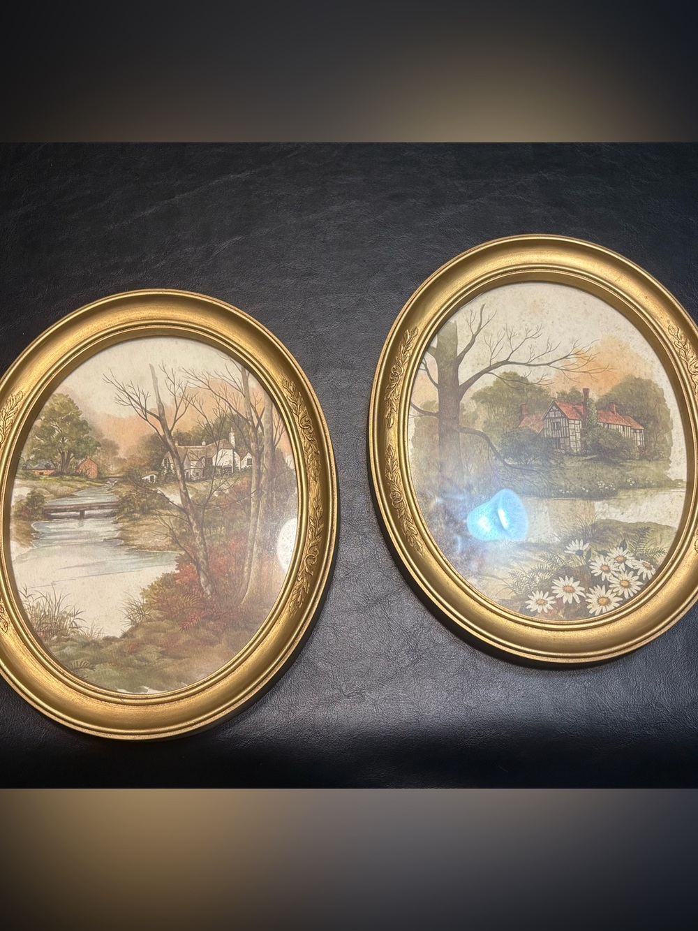 Vintage Pair of Oval Gold Framed Landscape Prints